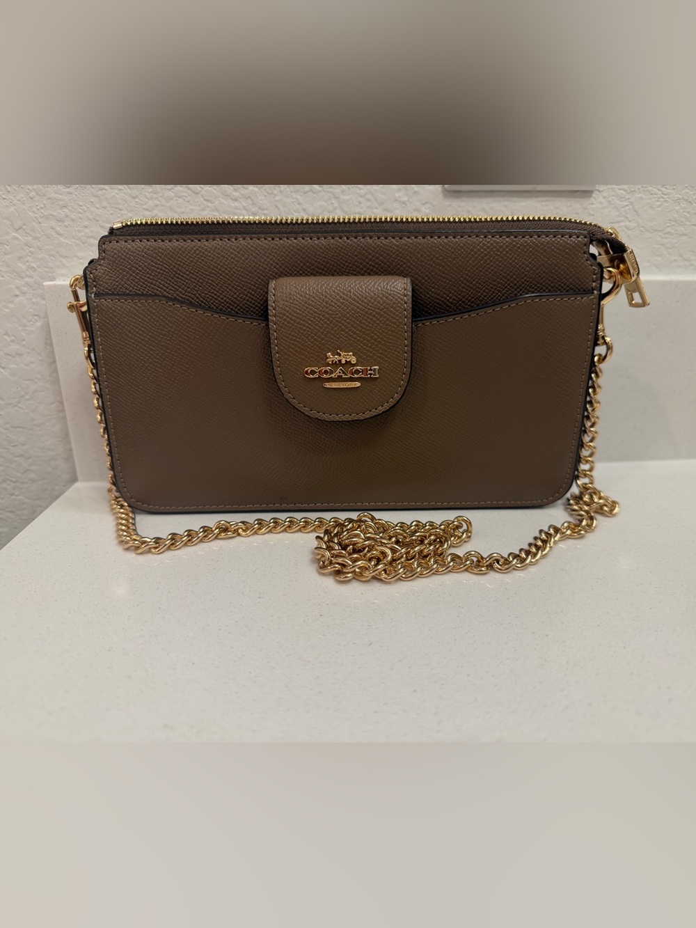 COACH Taupe Brown Leather Poppy Crossbody with Gold Chain